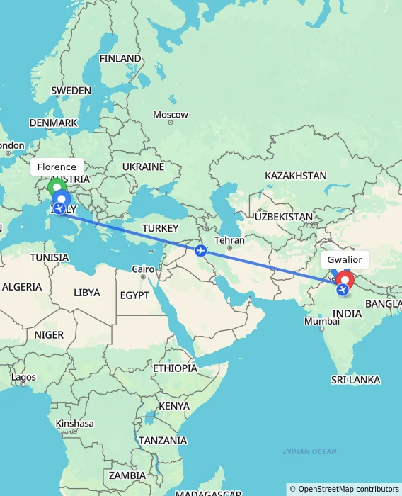 Route map showing distance and travel time from Florence, Italy to Gwalior, India