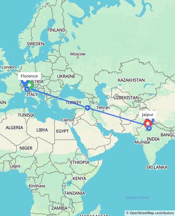 Route map showing distance and travel time from Florence, Italy to Jaipur, India