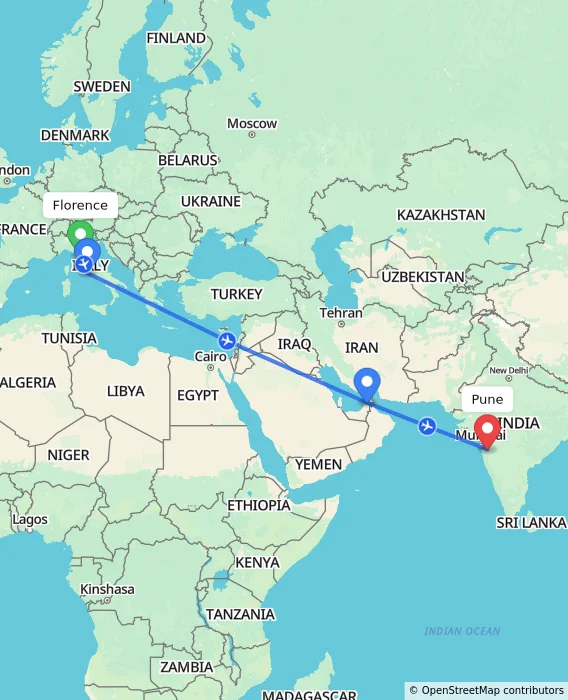 Route map showing distance and travel time from Florence, Italy to Pune, India