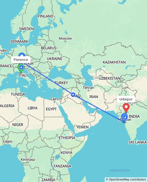 Route map showing distance and travel time from Florence, Italy to Udaipur, India