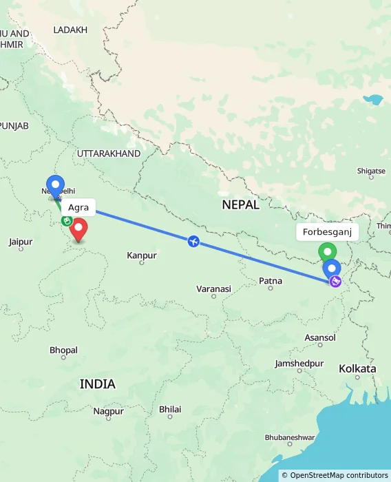 Route map showing distance and travel time from Forbesganj, India to Agra, India