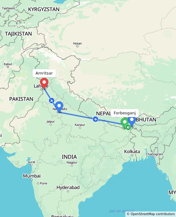 Route map showing distance and travel time from Forbesganj, India to Amritsar, India