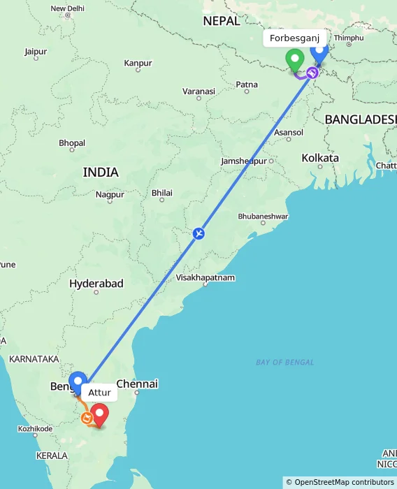 Route map showing distance and travel time from Forbesganj, India to Attur, India