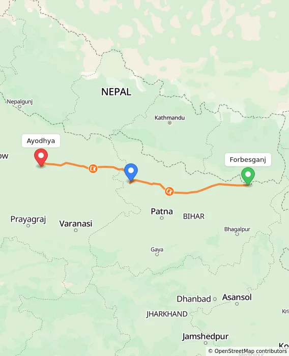 Route map showing distance and travel time from Forbesganj, India to Ayodhya, India