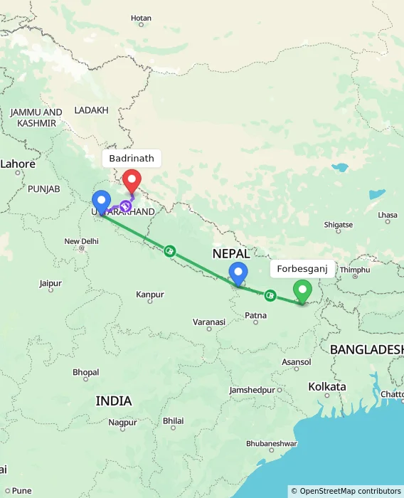 Route map showing distance and travel time from Forbesganj, India to Badrinath, India