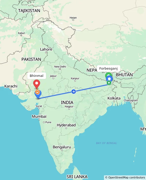 Route map showing distance and travel time from Forbesganj, India to Bhinmal, India