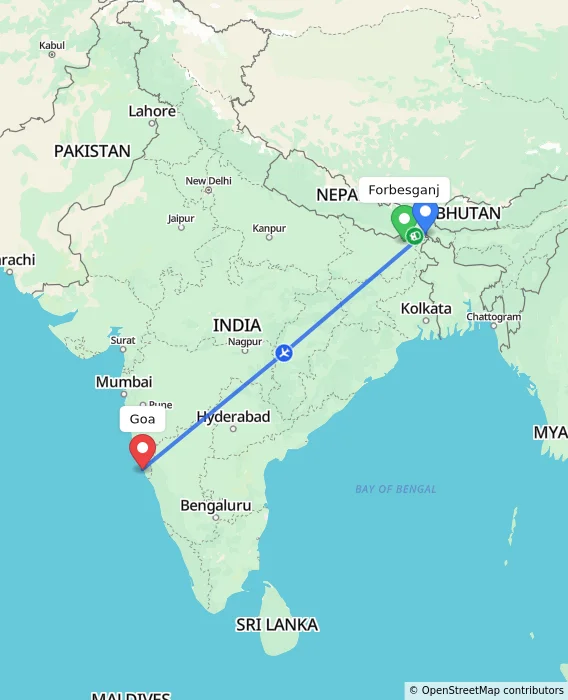 Route map showing distance and travel time from Forbesganj, India to Goa, India