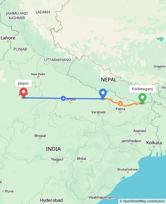 Route map showing distance and travel time from Forbesganj, India to Jaipur, India