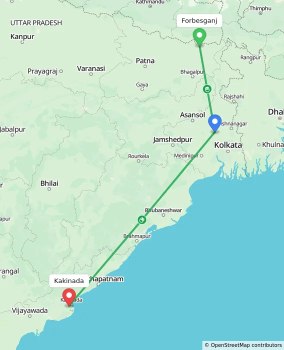 Route map showing distance and travel time from Forbesganj, India to Kakinada, India