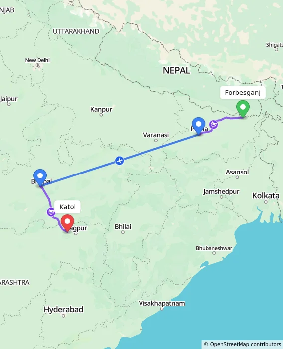 Route map showing distance and travel time from Forbesganj, India to Katol, India