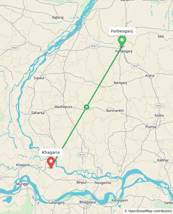 Route map showing distance and travel time from Forbesganj, India to Khagaria, India