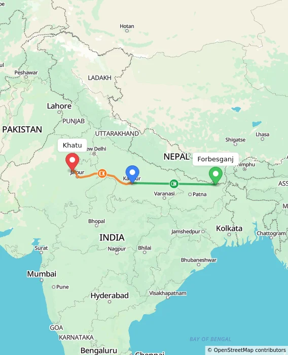 Route map showing distance and travel time from Forbesganj, India to Khatu, India
