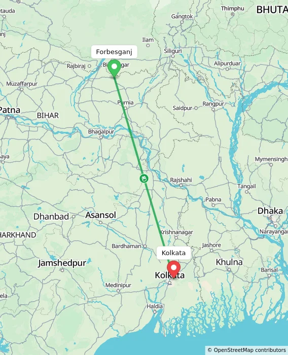 Route map showing distance and travel time from Forbesganj, India to Kolkata, India