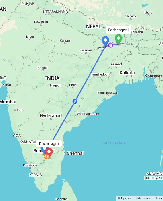 Route map showing distance and travel time from Forbesganj, India to Krishnagiri, India