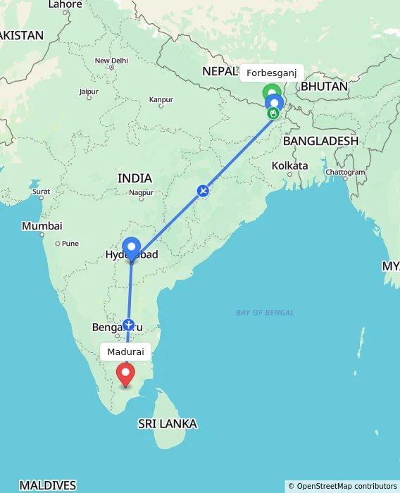 Route map showing distance and travel time from Forbesganj, India to Madurai, India