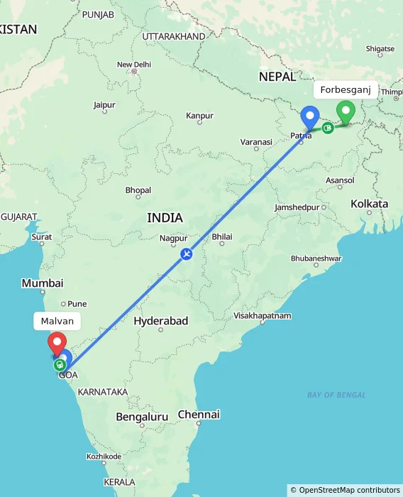 Route map showing distance and travel time from Forbesganj, India to Malvan, India