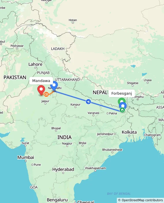 Route map showing distance and travel time from Forbesganj, India to Mandawa, India