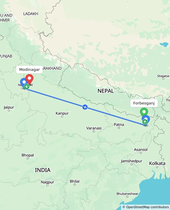 Route map showing distance and travel time from Forbesganj, India to Modinagar, India