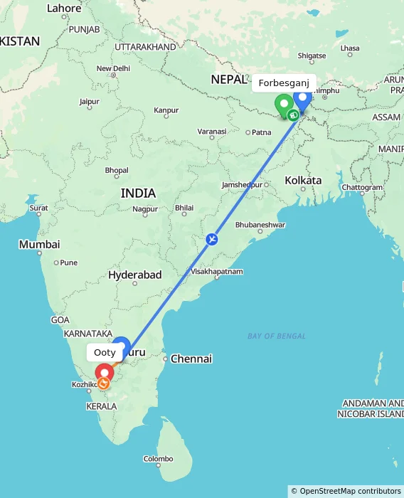 Route map showing distance and travel time from Forbesganj, India to Ooty, India