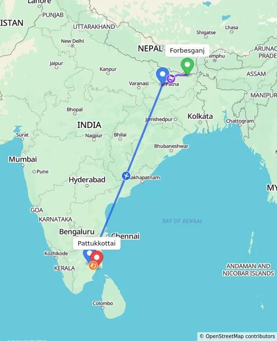Route map showing distance and travel time from Forbesganj, India to Pattukkottai, India