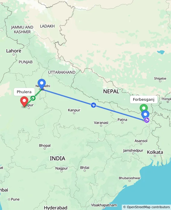 Route map showing distance and travel time from Forbesganj, India to Phulera, India