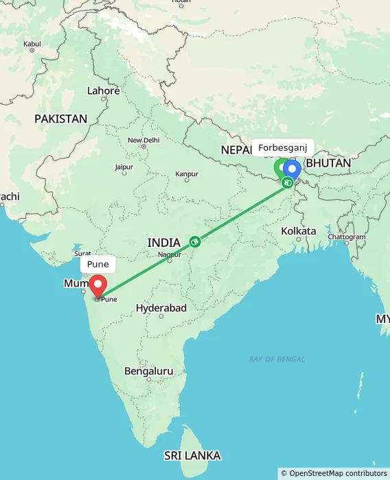 Route map showing distance and travel time from Forbesganj, India to Pune, India