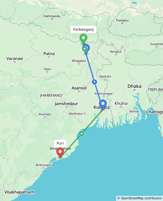 Route map showing distance and travel time from Forbesganj, India to Puri, India