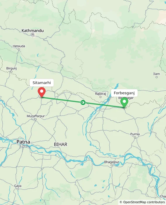 Route map showing distance and travel time from Forbesganj, India to Sitamarhi, India