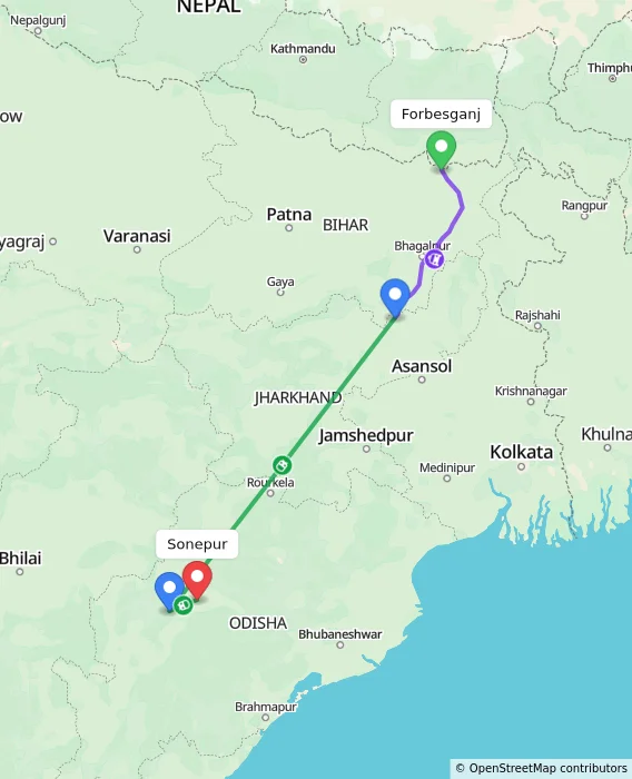 Route map showing distance and travel time from Forbesganj, India to Sonepur, India