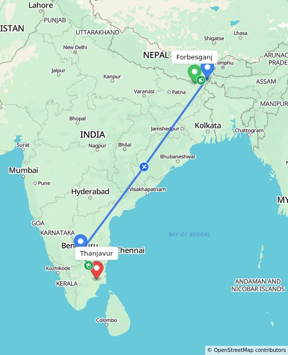 Route map showing distance and travel time from Forbesganj, India to Thanjavur, India