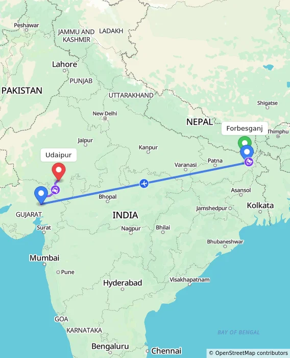 Route map showing distance and travel time from Forbesganj, India to Udaipur, India