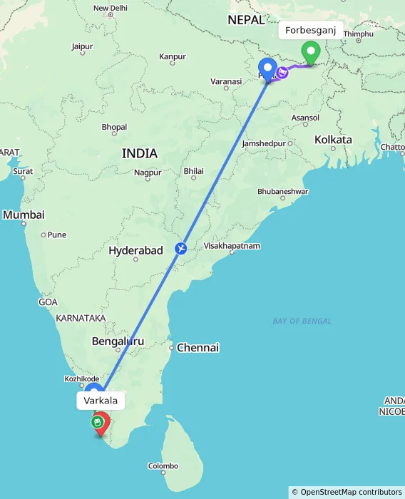 Route map showing distance and travel time from Forbesganj, India to Varkala, India