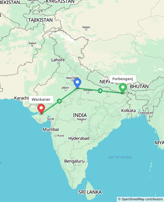 Route map showing distance and travel time from Forbesganj, India to Wankaner, India