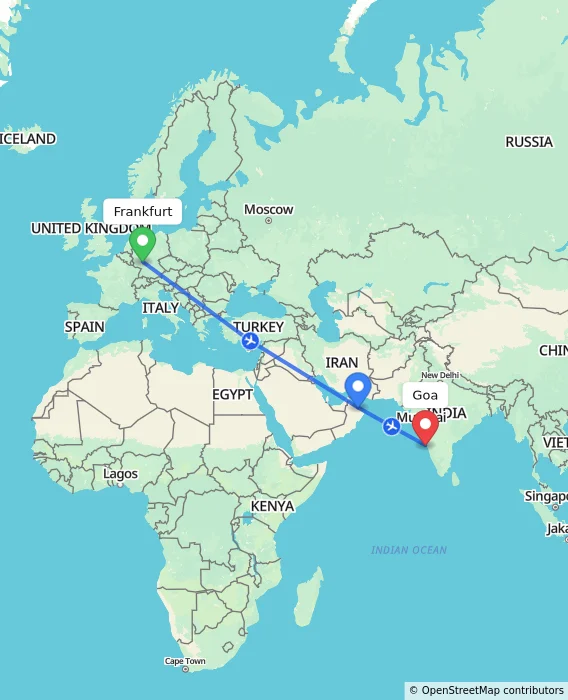 Route map showing distance and travel time from Frankfurt, Germany to Goa, India