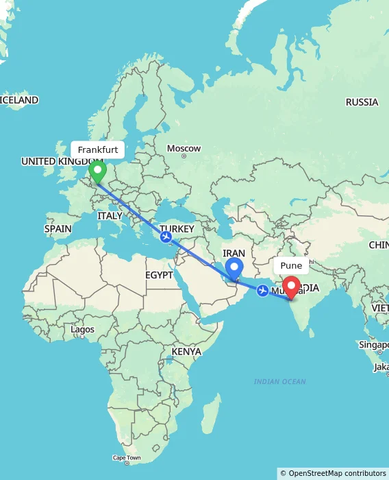 Route map showing distance and travel time from Frankfurt, Germany to Pune, India