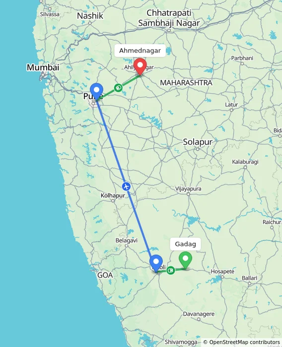 Route map showing distance and travel time from Gadag, India to Ahmednagar, India