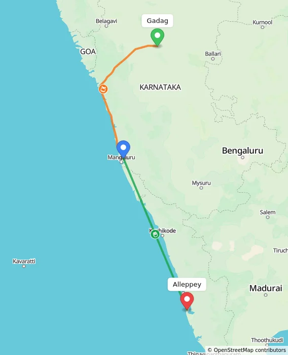 Route map showing distance and travel time from Gadag, India to Alappuzha, India