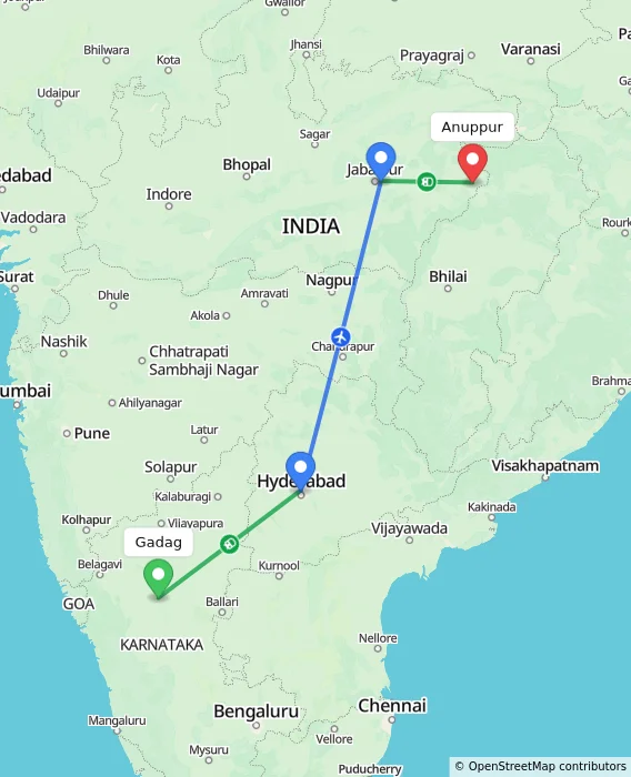 Route map showing distance and travel time from Gadag, India to Anuppur, India