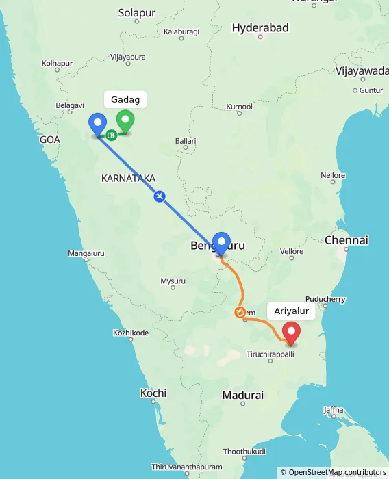 Route map showing distance and travel time from Gadag, India to Ariyalur, India