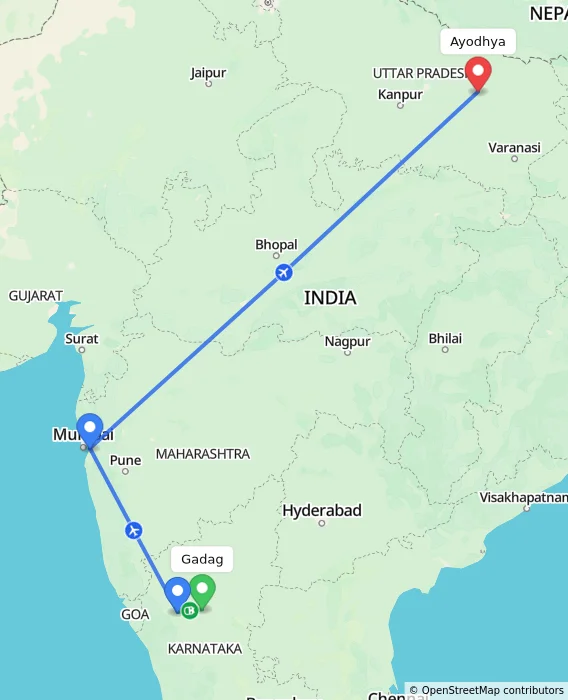 Route map showing distance and travel time from Gadag, India to Ayodhya, India