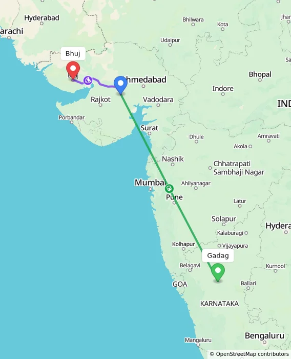 Route map showing distance and travel time from Gadag, India to Bhuj, India