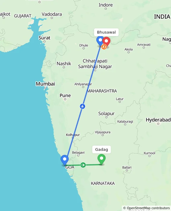 Route map showing distance and travel time from Gadag, India to Bhusawal, India
