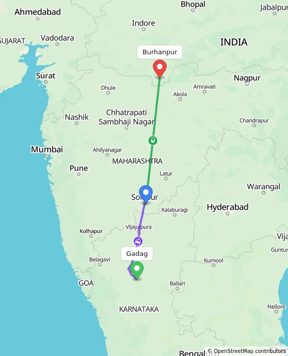 Route map showing distance and travel time from Gadag, India to Burhanpur, India