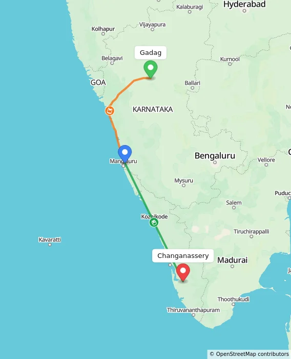Route map showing distance and travel time from Gadag, India to Changanassery, India