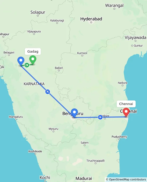 Route map showing distance and travel time from Gadag, India to Chennai, India