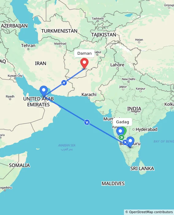 Route map showing distance and travel time from Gadag, India to Daman, Afghanistan