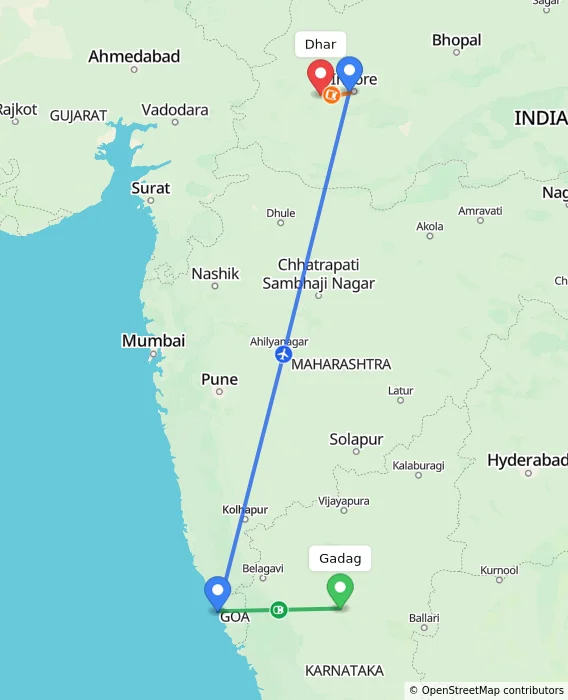 Route map showing distance and travel time from Gadag, India to Dhar, India