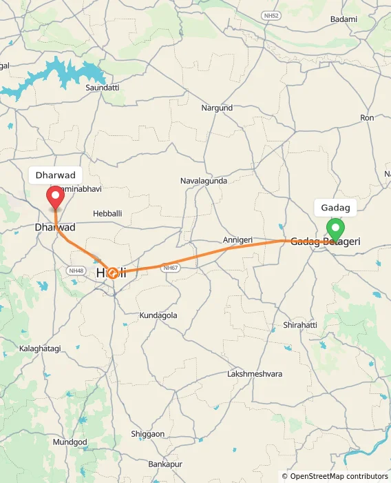 Route map showing distance and travel time from Gadag, India to Dharwad, India
