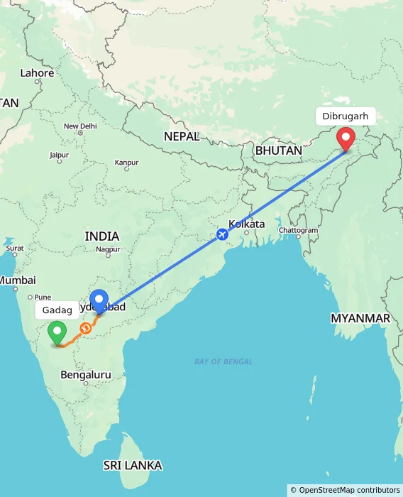 Route map showing distance and travel time from Gadag, India to Dibrugarh, India