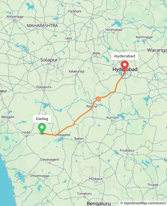 Route map showing distance and travel time from Gadag, India to Hyderabad, India